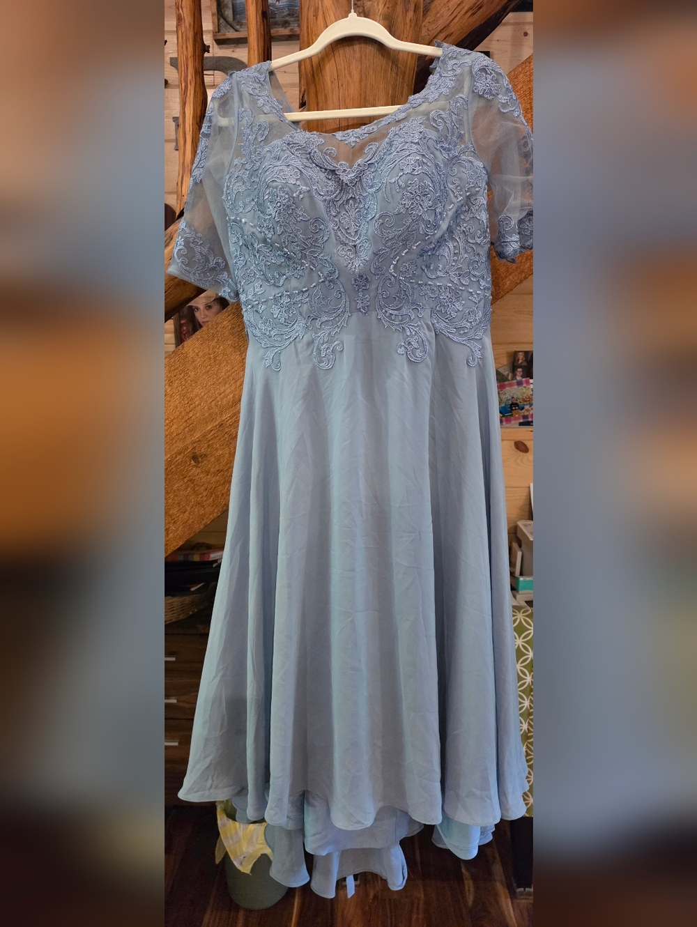 Elegant Light Blue Lace Bodice Chiffon Dress - Picture 7 of 7